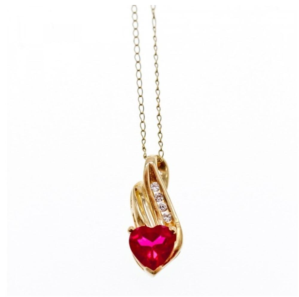 10K Yellow Gold Ruby & Diamonds Heart Chain With Pendant